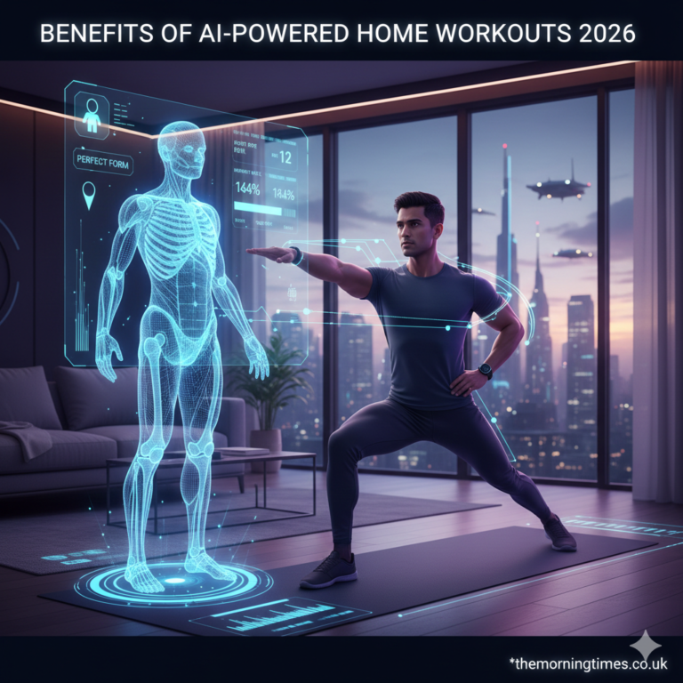Benefits of AI-Powered Home Workouts 2026: The Future of Fitness A person exercising at home with a holographic AI trainer - themorningtimes.co.uk