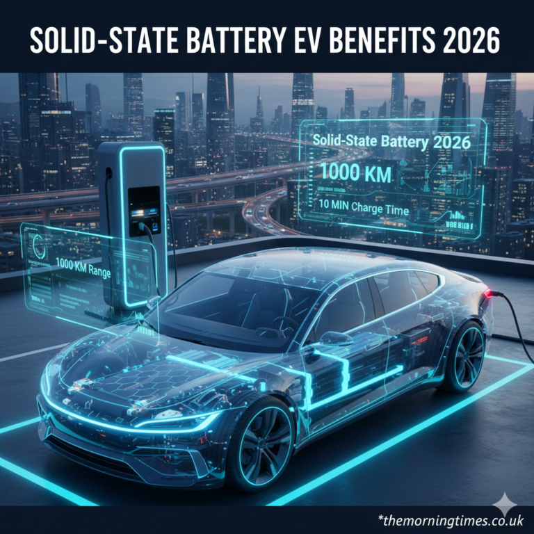 Solid-State Battery EV Benefits 2026: Why Your Next Car Will Be Different A high-tech solid-state battery pack inside a futuristic electric car - themorningtimes.co.uk