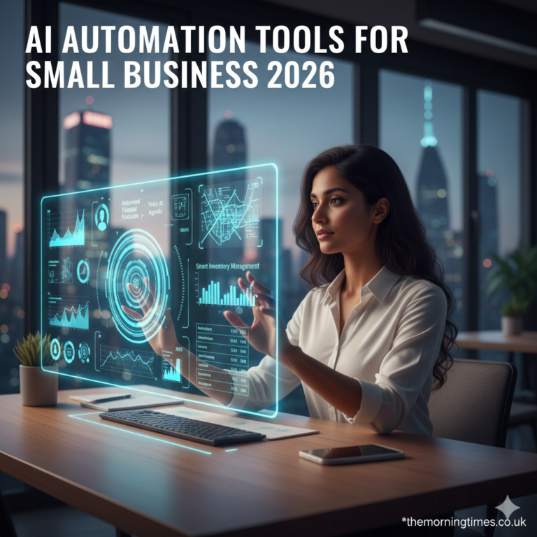 AI Automation Tools for Small Business 2026: Scaling on a Budget A small business owner using a futuristic AI dashboard representing AI Automation Tools for Small Business 2026 - themorningtimes.co.uk