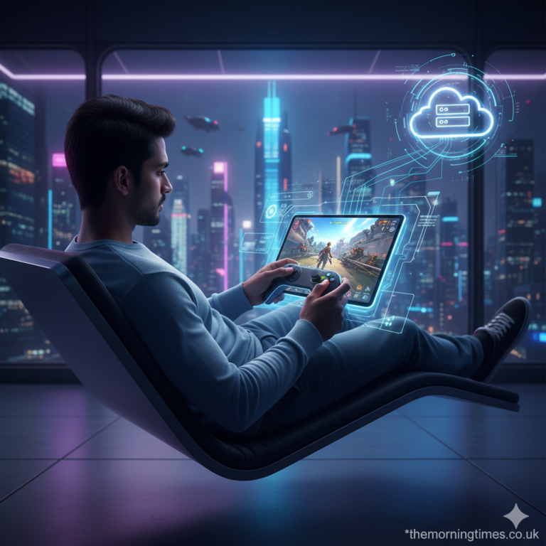 A gamer playing high-end games on a tablet using Best Cloud Gaming Services 2026 - themorningtimes.co.uk