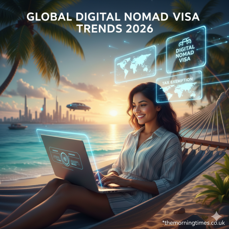 A remote worker with a laptop on a tropical beach representing Global Digital Nomad Visa Trends 2026 - themorningtimes.co.uk