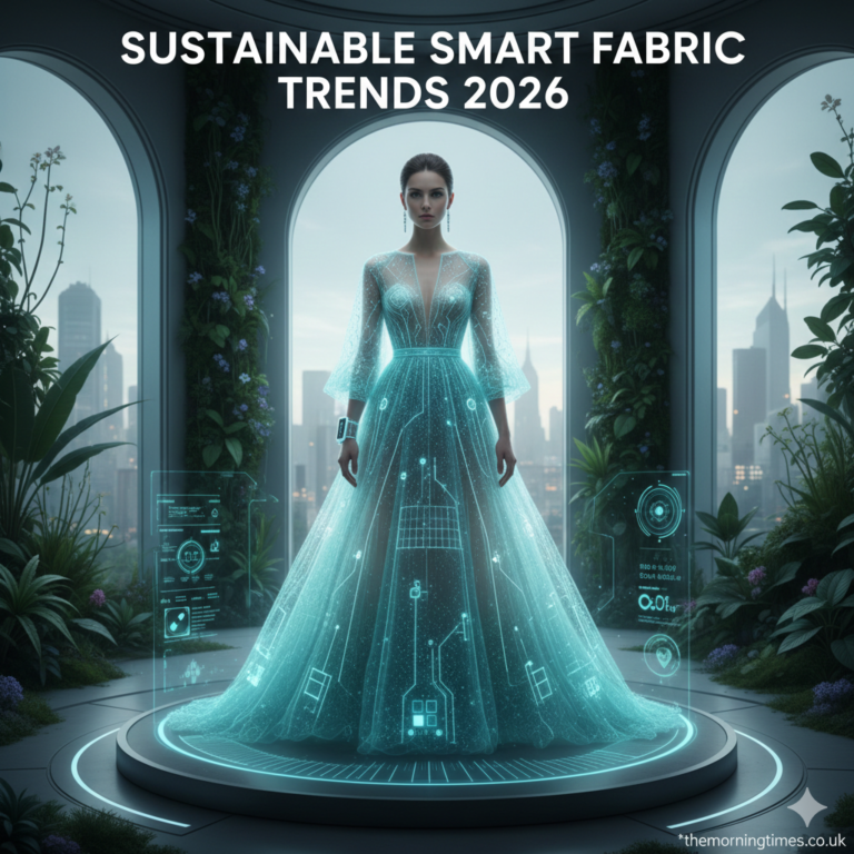 A futuristic dress glowing with integrated smart technology representing Sustainable Smart Fabric Trends 2026 - themorningtimes.co.uk