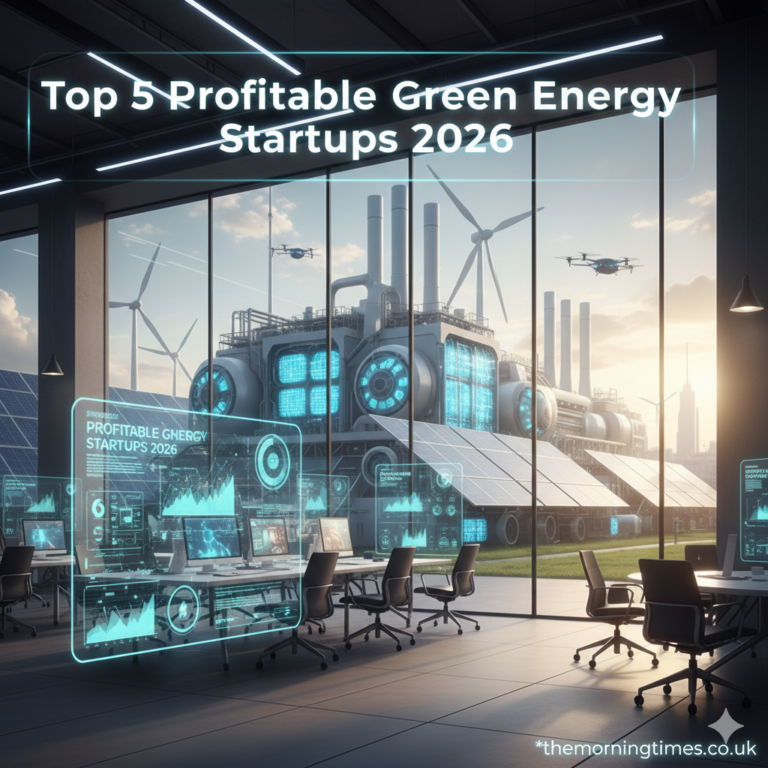 Profitable Green Energy Startups 2026: The Next Big Investment Wave A modern green energy factory with solar panels representing Profitable Green Energy Startups 2026 - themorningtimes.co.uk