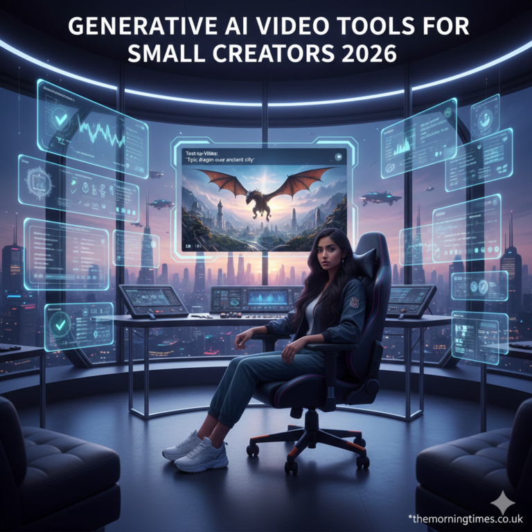 A small creator using a holographic AI video editor representing Generative AI Video Tools for Small Creators 2026 - themorningtimes.co.uk